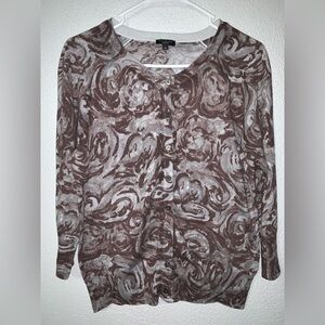 Talbots Soft Brown Gray Floral Cardigan 3/4 Sleeve Size Large